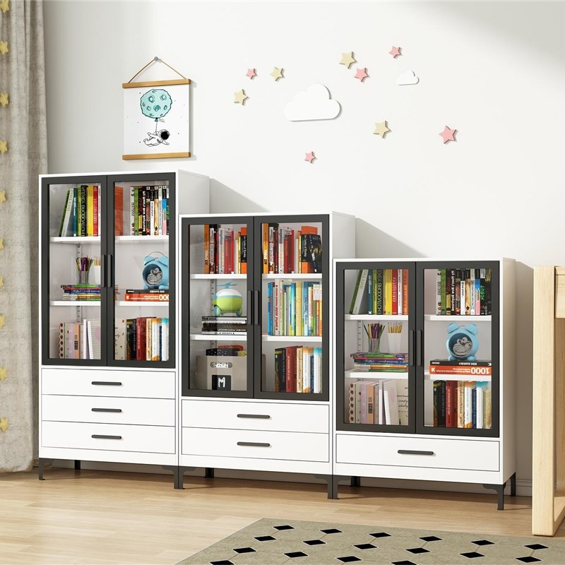 铁艺书柜带玻璃门家用落地儿童置物柜客厅钢制小书架防尘抽屉矮柜