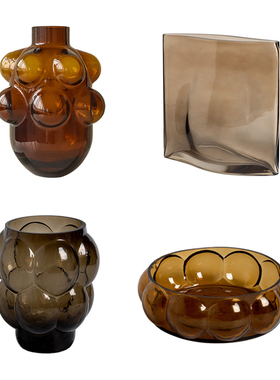 优选现代轻奢泡泡珠圆点咖色玻璃花器花瓶摆件家居客厅酒店果盘装