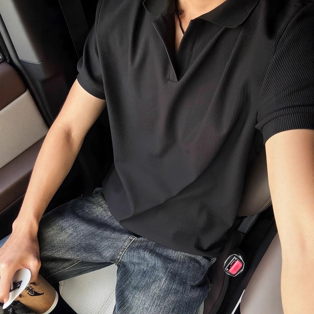 黑色海鸥领polo衫男款夏季痞帅高级感短袖t恤老钱风收口冰丝半袖
