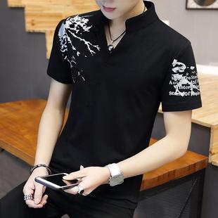 短袖 2025新款 男士 T恤印花潮牌立领polo衫 V领网眼体恤衣服 时尚 修身