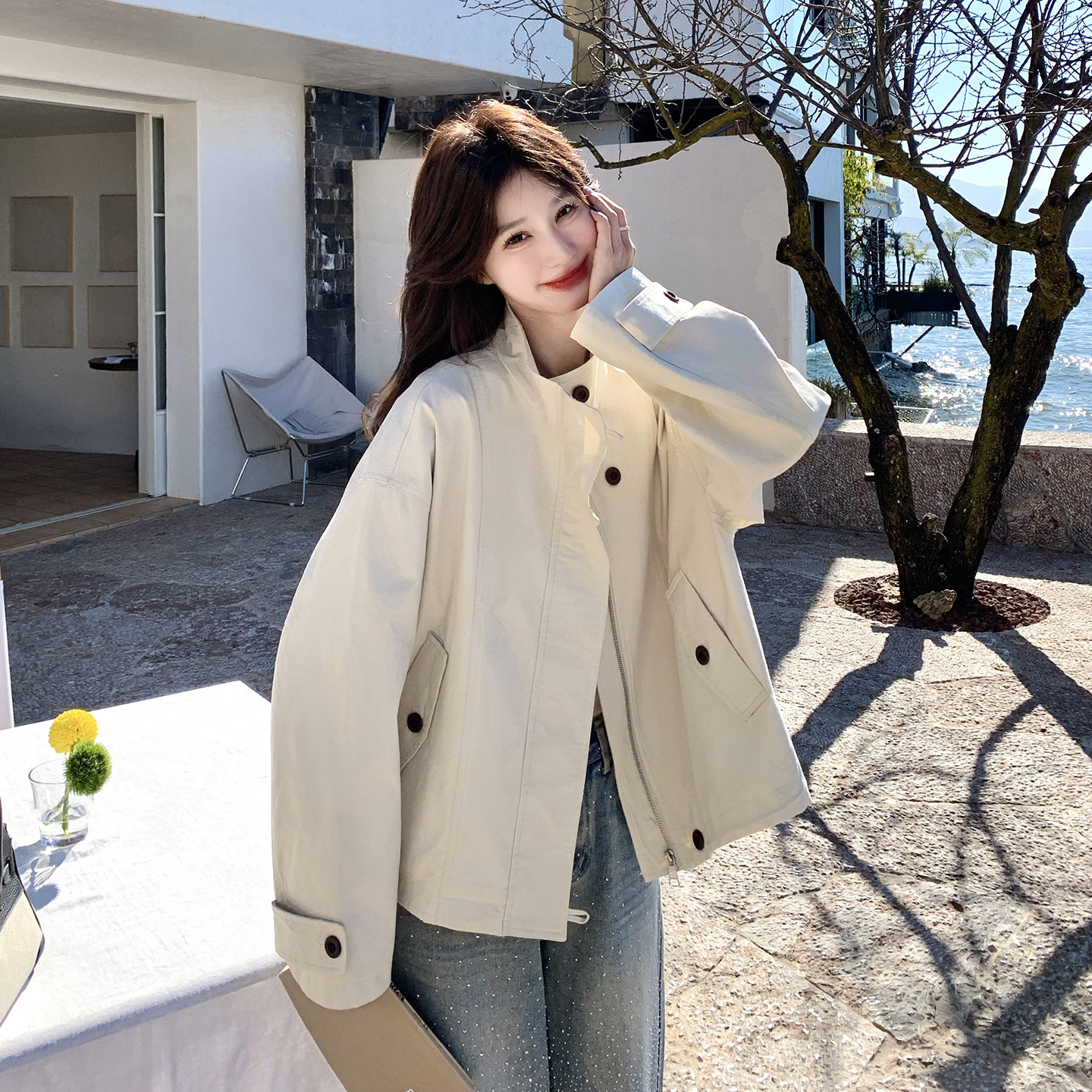 ZB119-8601-P155-K248现货设计感韩版时尚短款风衣外套，女装短外套，ELIN