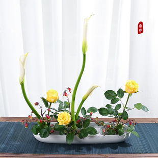 陶瓷花盆室内插花花器 一字型排列式插花器皿简约长型小原流花器