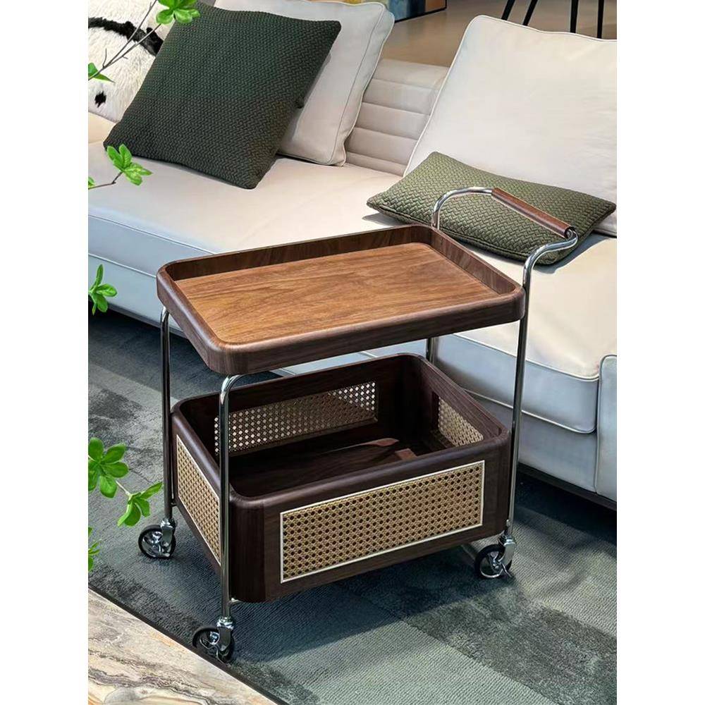 侘寂风北欧客厅实木边几黑胡桃木收纳小推车沙发藤编置物收纳边柜