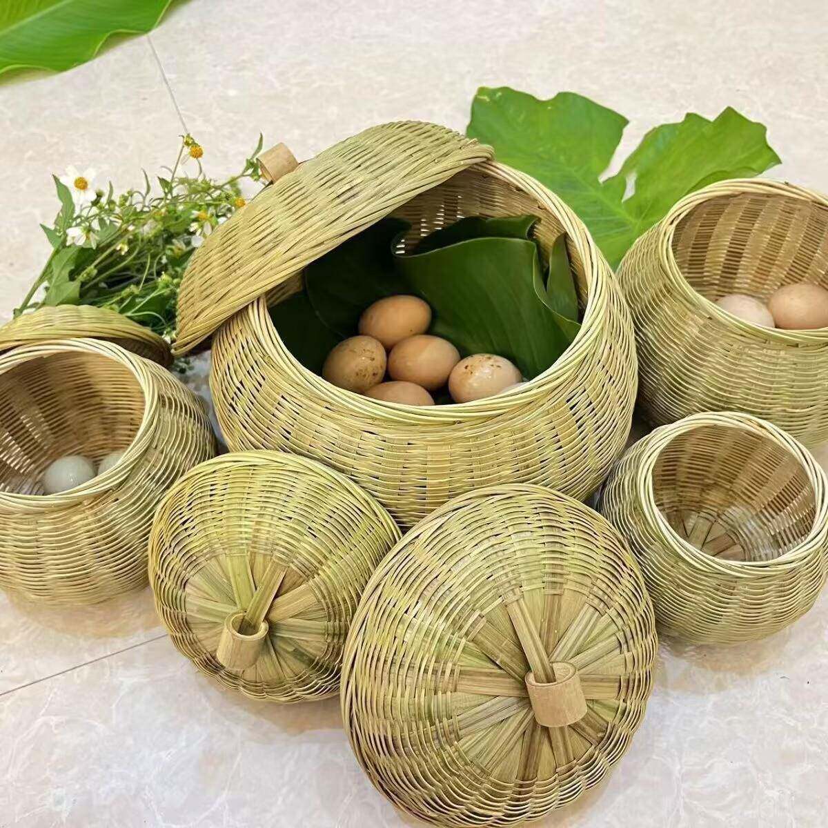 装鸡蛋的篮茶叶罐带盖筐竹篮圆形零食收纳盒手工竹编制品竹南瓜篮