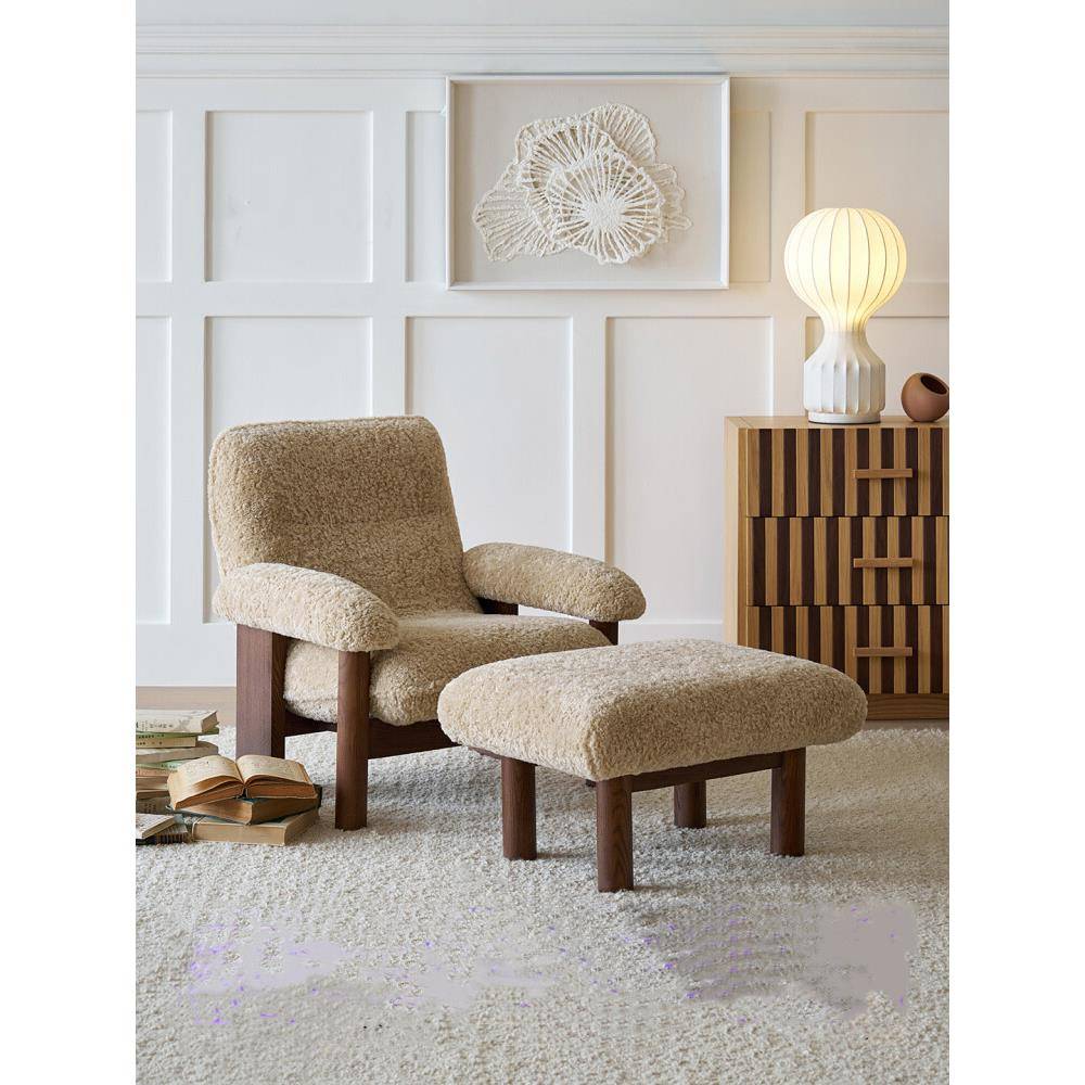 北欧客厅酒店会所现代设计师小羊绒休闲椅简约单沙发椅脚凳组合