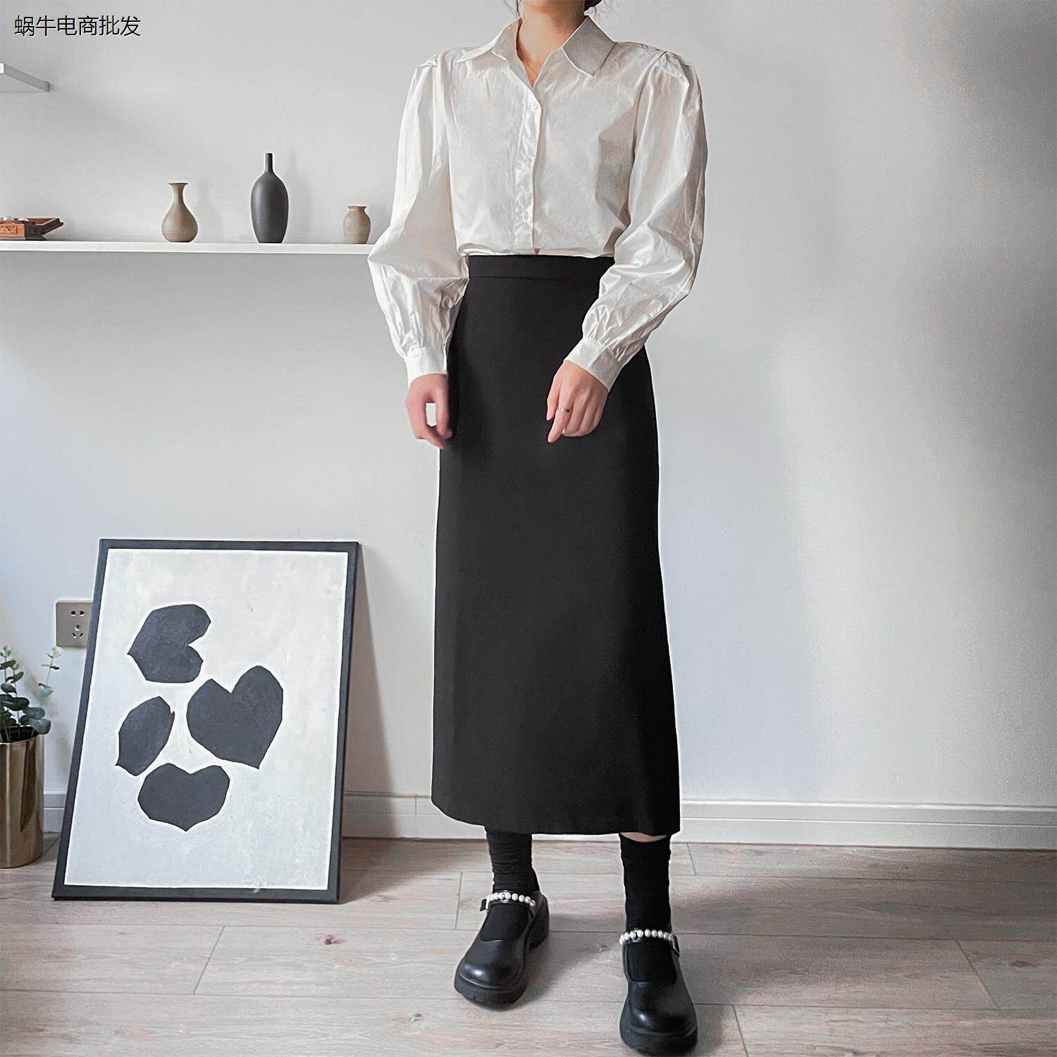 黑色百搭西装半身裙后开叉高腰直筒裙大码胖mm简约通勤上班一步裙