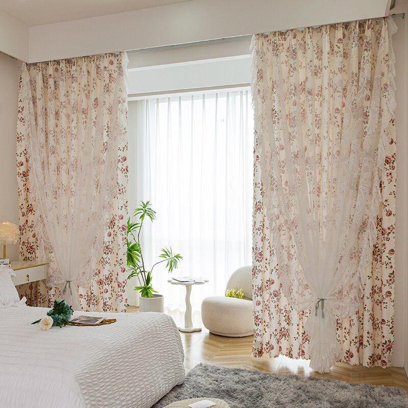 优选免打孔法式双层田园碎花纱帘客卧室飘窗遮光窗帘小清新乡村家