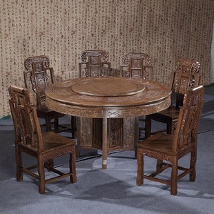 优选红木餐桌圆桌家用实木餐桌椅组合鸡翅木家具吃饭桌子带转盘大