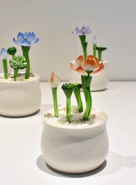 优选琉璃荷花小盆栽玻璃工艺品摆件创意家居饰品书桌面装饰品生日