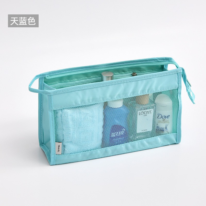 手提三角网格洗漱包旅行大容量便携化妆包立体简约透明网纱收纳