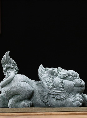 中式国潮风青砂石招财p貔貅摆件客厅办公室桌面水族鱼缸造景装饰