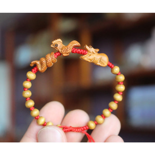 桃木雕刻十二生肖手链属相v吊坠本命年红绳鼠牛虎兔龙蛇马羊猴鸡