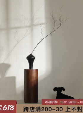 侘寂风实木底座圆形中古风雕塑台日式家居民宿香樟木墩.子落地摆