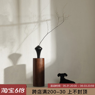 侘寂风实木底座圆形中古风雕塑台日式家居民宿香樟木墩.子落地摆