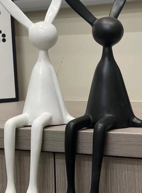 简约现代客厅酒店大堂创意黑白长耳朵G坐姿兔子样品房软装摆件礼