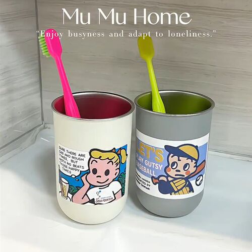 Mu Mau 沐家 原田治牙刷杯304不锈钢卡通创意情侣一对刷牙漱口杯