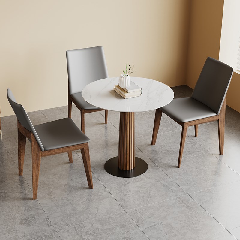 中古风岩板小圆h桌家用小户型西餐厅饭桌复古实木圆形餐桌椅小方