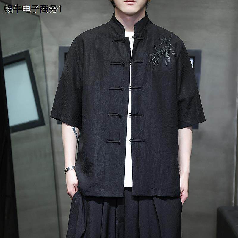 中国风刺绣棉麻衬衫男短