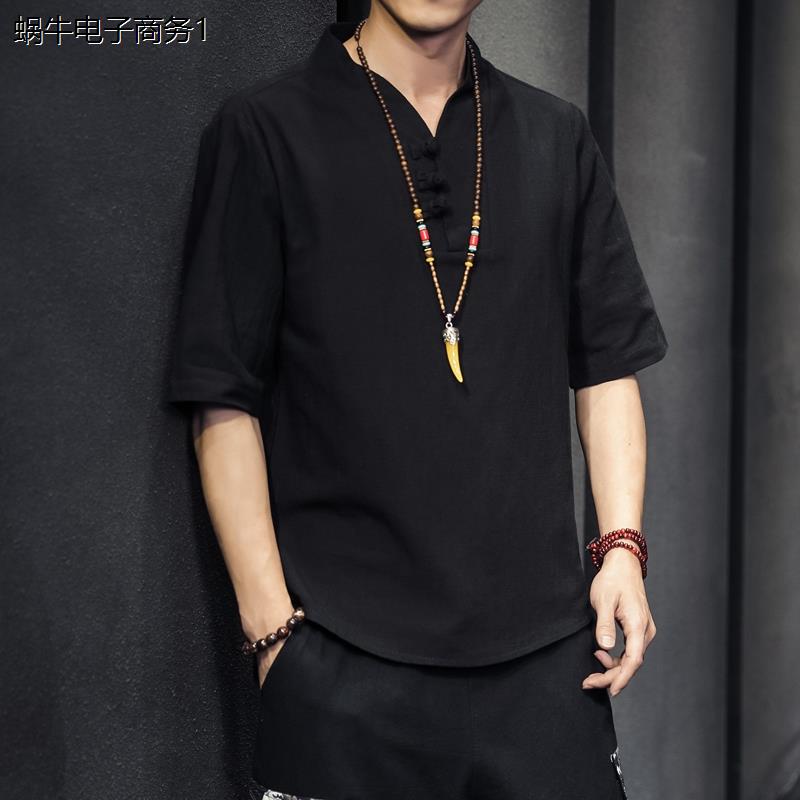 t恤短袖男夏季棉麻居士服茶服禅汉服男装中国风唐装中式亚麻上衣