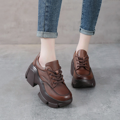 欧洲站春秋新款英伦圆头系带高跟鞋真皮复古单鞋头层牛皮厚底松糕