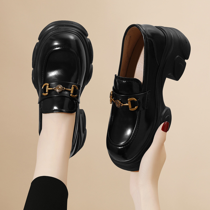 欧洲站厚底乐福鞋女真皮2025年新款春秋粗跟单鞋英伦小皮鞋高跟钻
