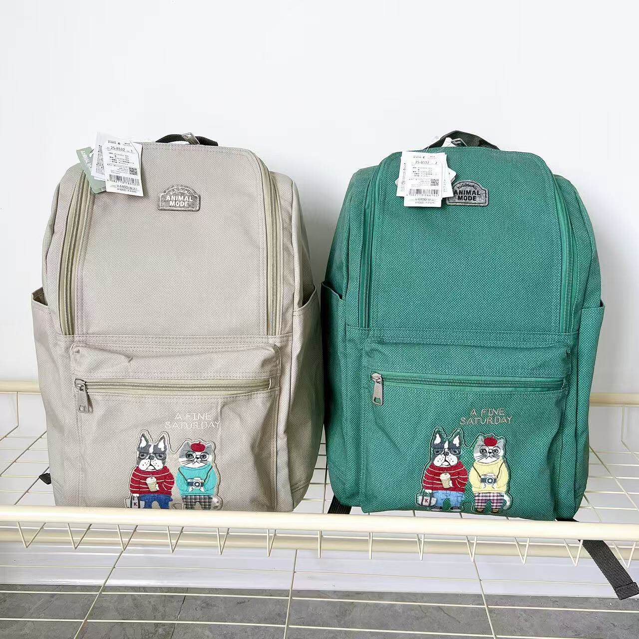 日本Kusuguru正品刺绣法斗猫咪双肩包帆布背包妈咪包旅行背包8532