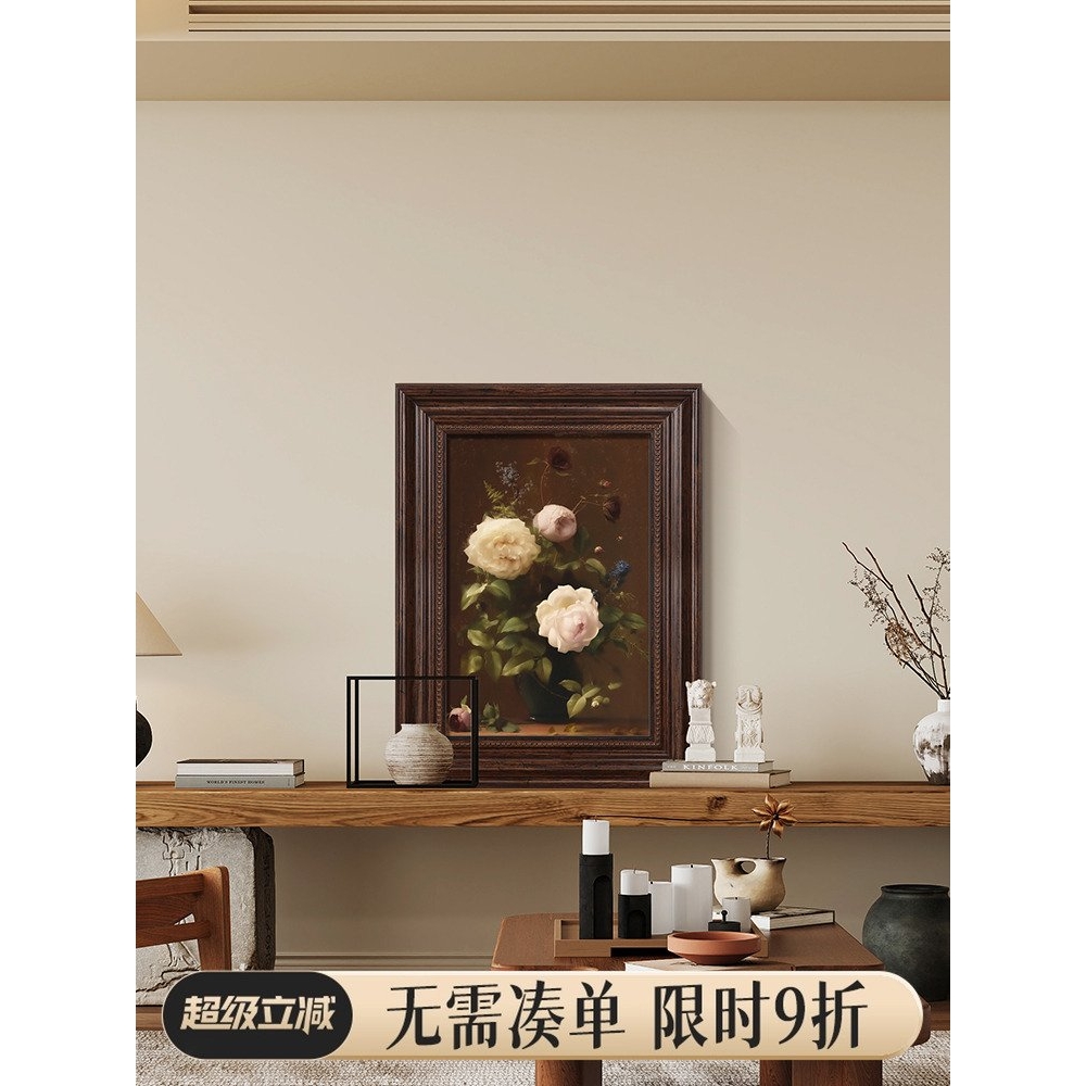 牡丹花卉挂画中古风玄关装饰画法式复古客厅卧室床头画入户门壁画图片
