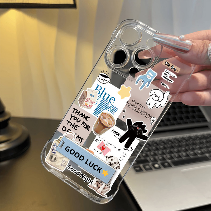咖啡猫狗红米TURBO3透明iPhone15高级感16适用可爱14无边框硬13ProMax手机壳带支架苹果12创意荣耀MAGIC7超薄
