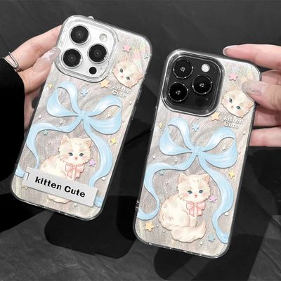 羽纱iPhone12可爱蝴蝶猫咪13ProMax适用ins风15PLUS手机壳带支架硬14苹果16小米CIVI4PRO卡通OPPOFINDX8ULTRA