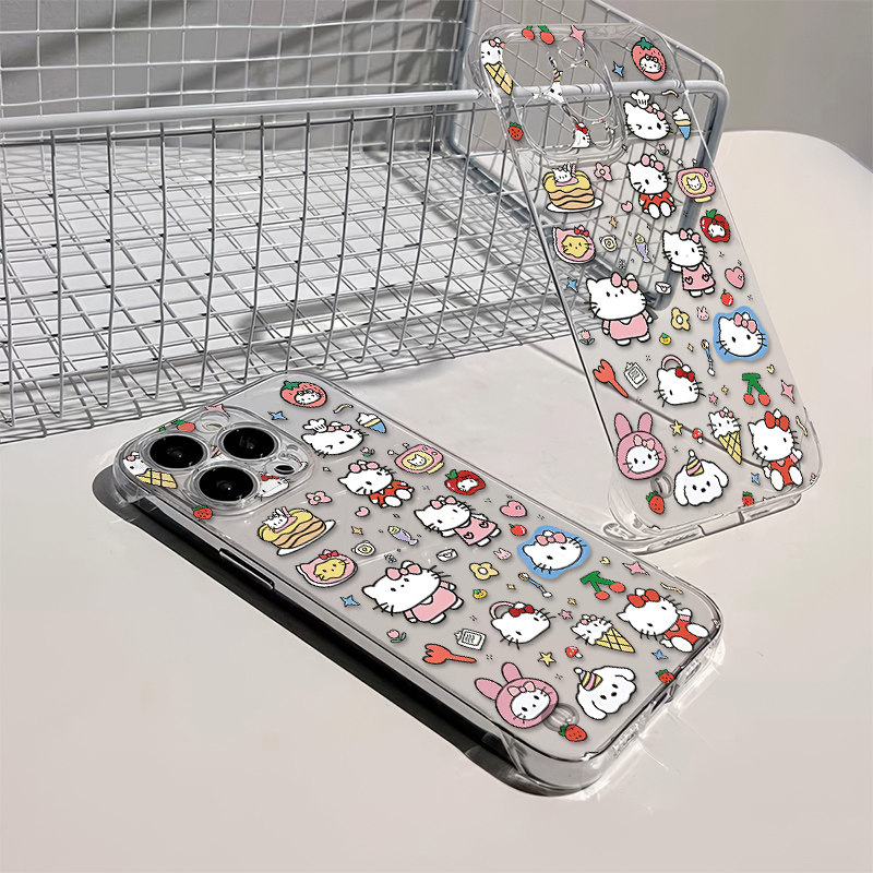 透明iPhone12适用雪糕凯蒂猫VIVOy300可爱苹果13超薄14无边框硬16ProMax高级感15plus手机壳带支架a58x少女心