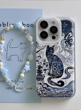VIVOS30PROMIN高级感青花猫I苹果16e艺术15plus手机壳带挂绳iPhone14大孔13适用硬12ProMax创意VIVOx200ins风