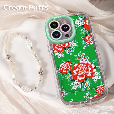 苹果17小众Reno15东北大花手机壳软14PLUS镜子支架FINDX9适用iPhone13羽纱泡芙12带挂绳16ProMax创意VIVOX300