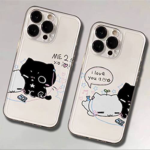 听歌黑白猫咪iPhone14苹果13p可爱荣耀MAGIC8透明小米17ProMax软卡通VIVOIQOO15适用16PLUS情侣手机壳OPPOK12
