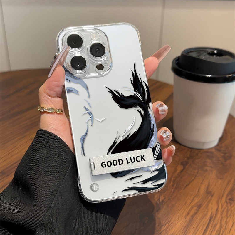 水墨鲸鱼iPhone14高级感适用红米15R硬16plus手机壳小众带支架苹果17无边框13ProMax超薄OPPOK12x透明VIVOS50