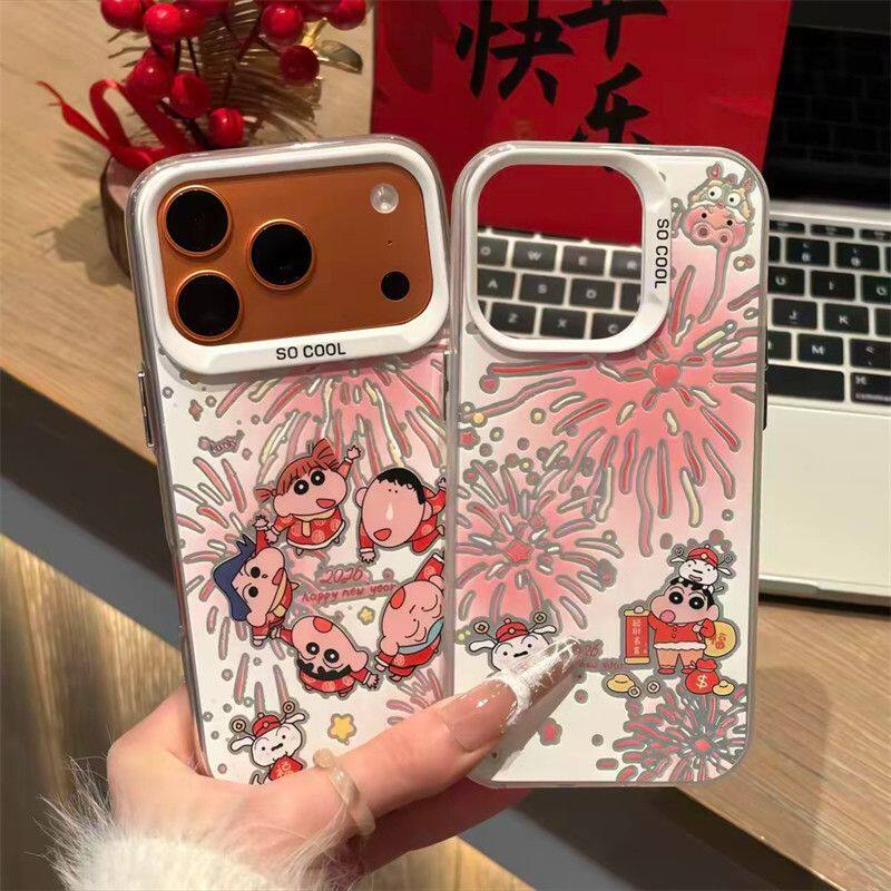 14PLUS适用iPhone17新年手机壳硬OPPOReno15烟花小新Nova13创意12ProMax一加ACE6T彩银ins风苹果16荣耀Magic8