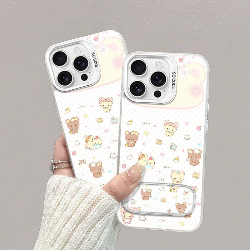 OPPOFINDX8S带镜子支架16ProMax苹果14创意适用15PLUS甜品小熊iPhone13高级感Nova12活力版彩银手机壳硬ins风
