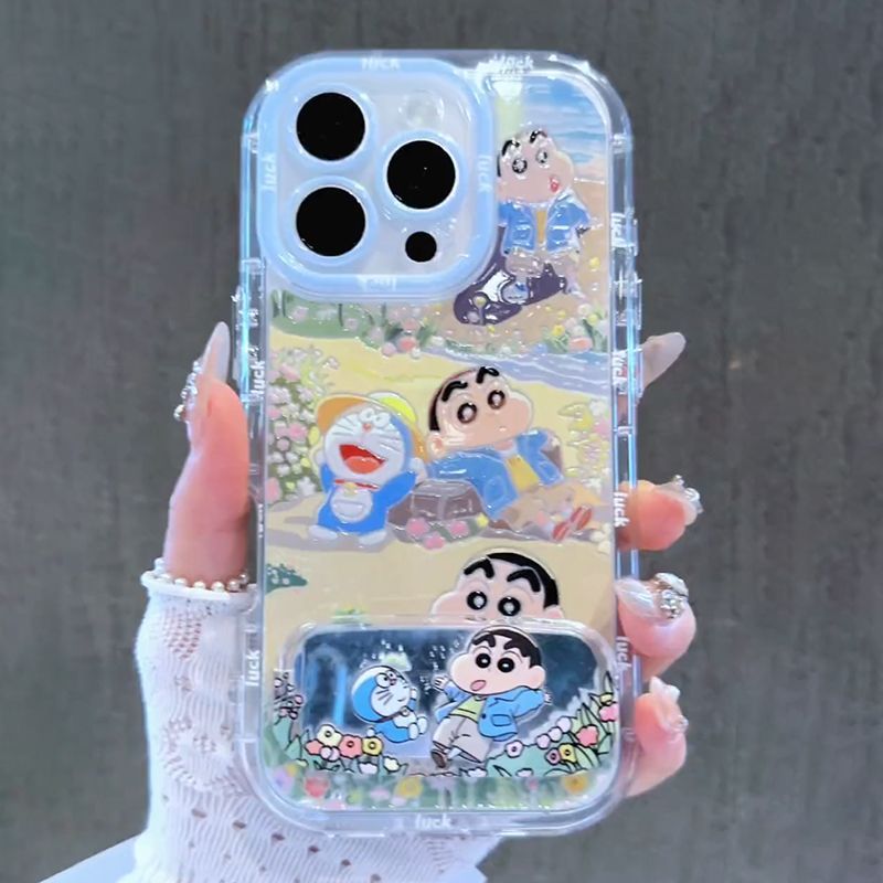手机壳iPhone14叮当猫小新15PLUS带镜子支架ins风13ProMax小米CIVI5PRO卡通苹果12软16适用可爱红米k80至尊版