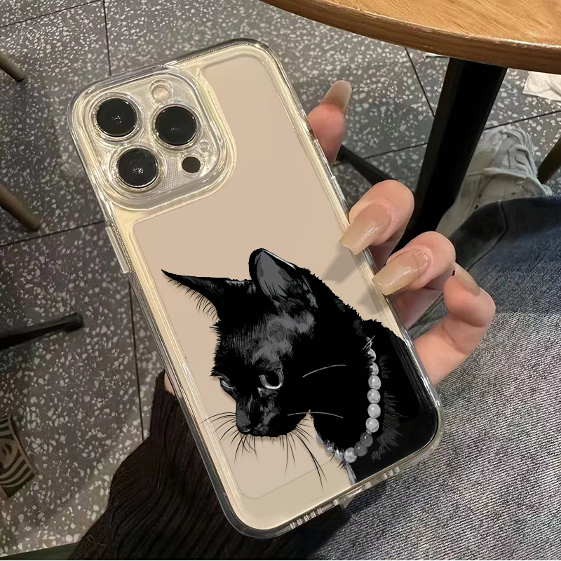 OPPORENO14珍珠黑猫IQOOneo10手机壳15ProMax潮酷适用iPhone16红米K80华为Nova12Ultra苹果13透明软VIVOX200S