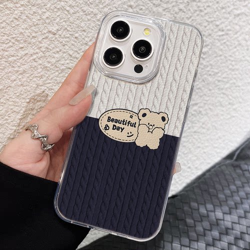 英文条纹小熊iPhone16plus小众手机壳OPPOFINDX8创意VIVOx200一加13红米NOTE14pro+羽纱15ProMax适用苹果12硬