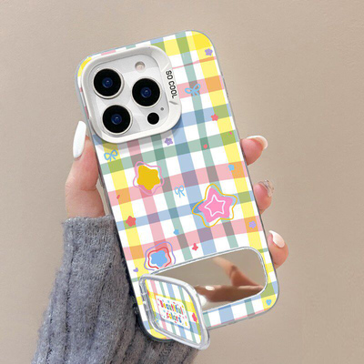 格子ins风星星iPhone17苹果13彩银16ProMax硬华为NOVA14活力镜子支架VIVOS50适用15PLUS高级感12手机壳小清新