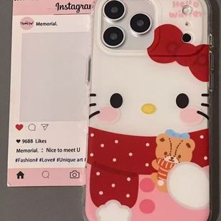 少女心苹果12卡通IQOO13手机壳16ProMax红围巾kt小熊玩偶iPhone17大孔14硬15PLUS适用OPPOFindx9可爱VIVOy500