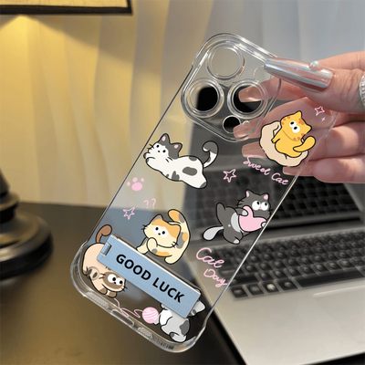 iPhone16超薄15手机壳带支架苹果14plus适用13高级感12ProMax透明硬真我NEO7调皮猫咪VIVOS20红米k70一加ACE5