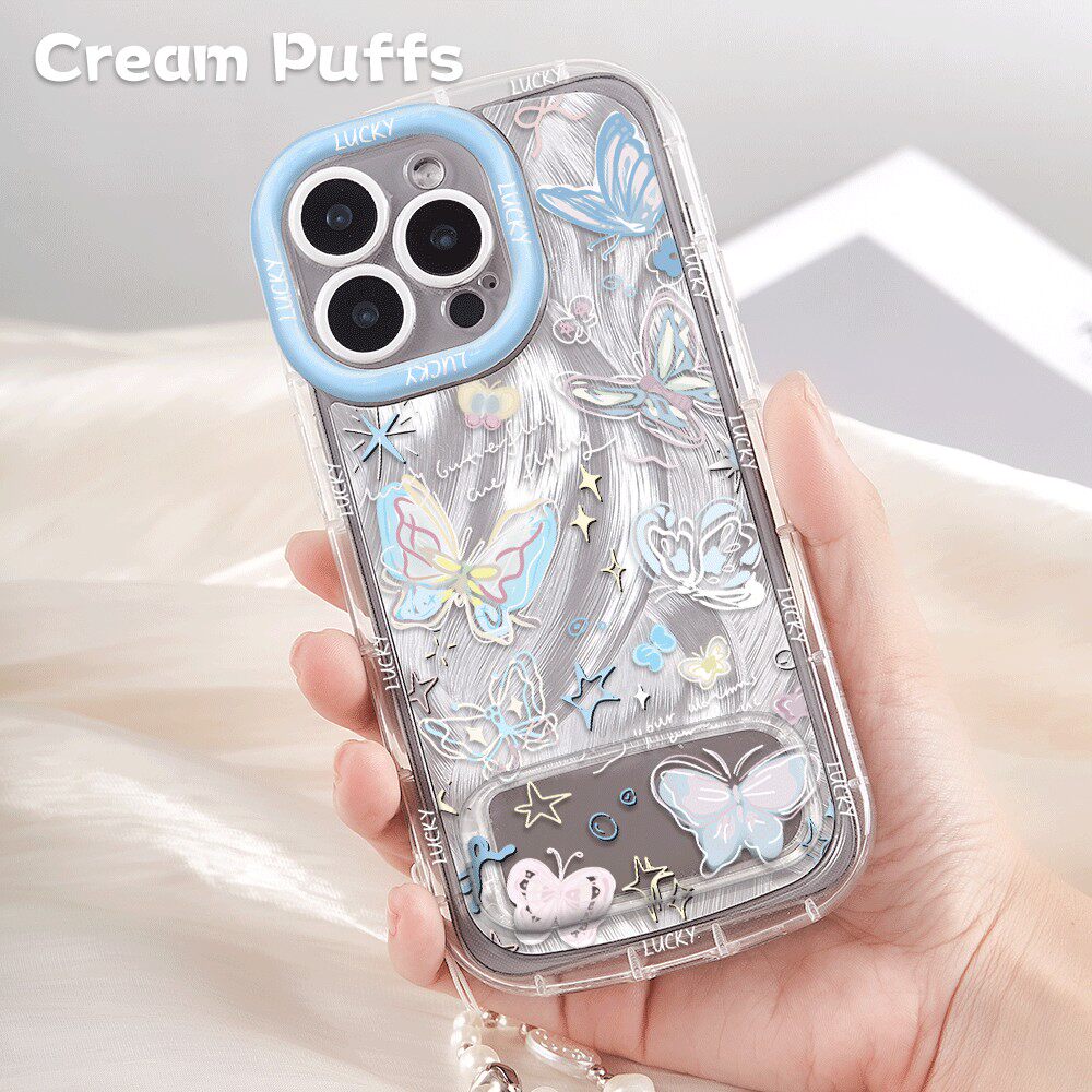 15ProMax带挂绳适用红米K90手机壳软ins风梦幻蝴蝶iPhone17少女心12镜子支架苹果16华为Nova13羽纱泡芙14PLUS