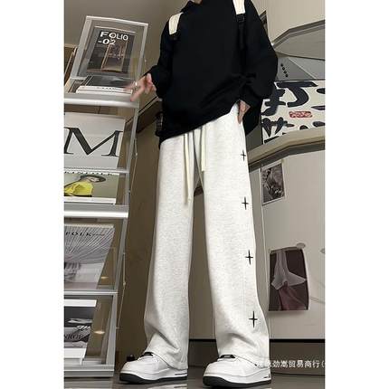 美式hiphop星星裤子男款春秋高个子加绒卫裤潮牌直筒垂感运动长裤