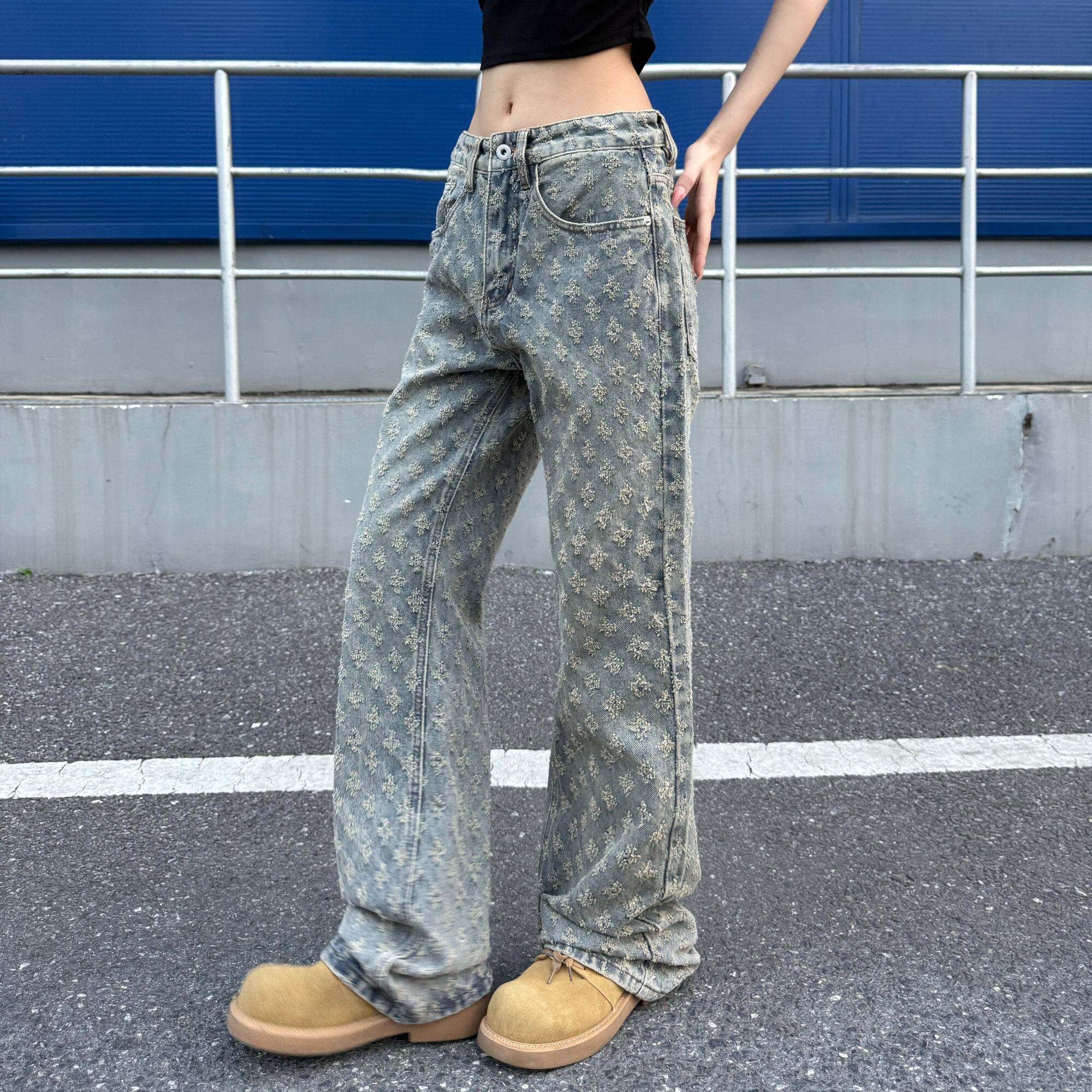 巴黎风潮牌美式宽松直筒提花蓝色水洗牛仔裤男女款百搭微喇裤