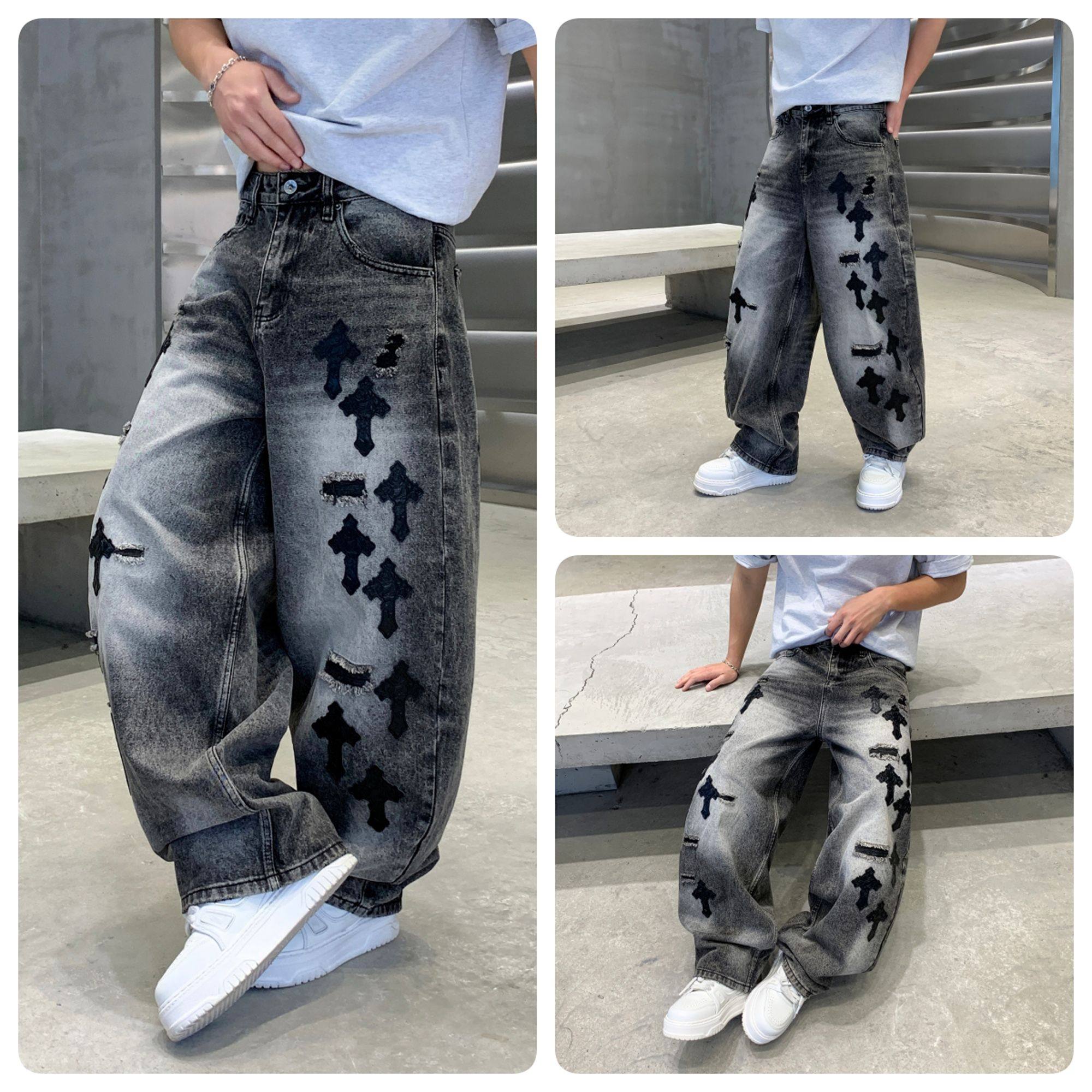 CH潮牌美式复古十字架贴皮假破洞牛仔裤男宽松阔腿弯刀裤街头风,男装,牛仔裤,淘宝优惠券,粉丝福利购,淘宝优惠卷