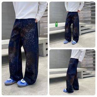 设计感炸街阔腿裤 男宽松直筒长裤 潮牌星空彩色烫钻牛仔裤 巴黎款