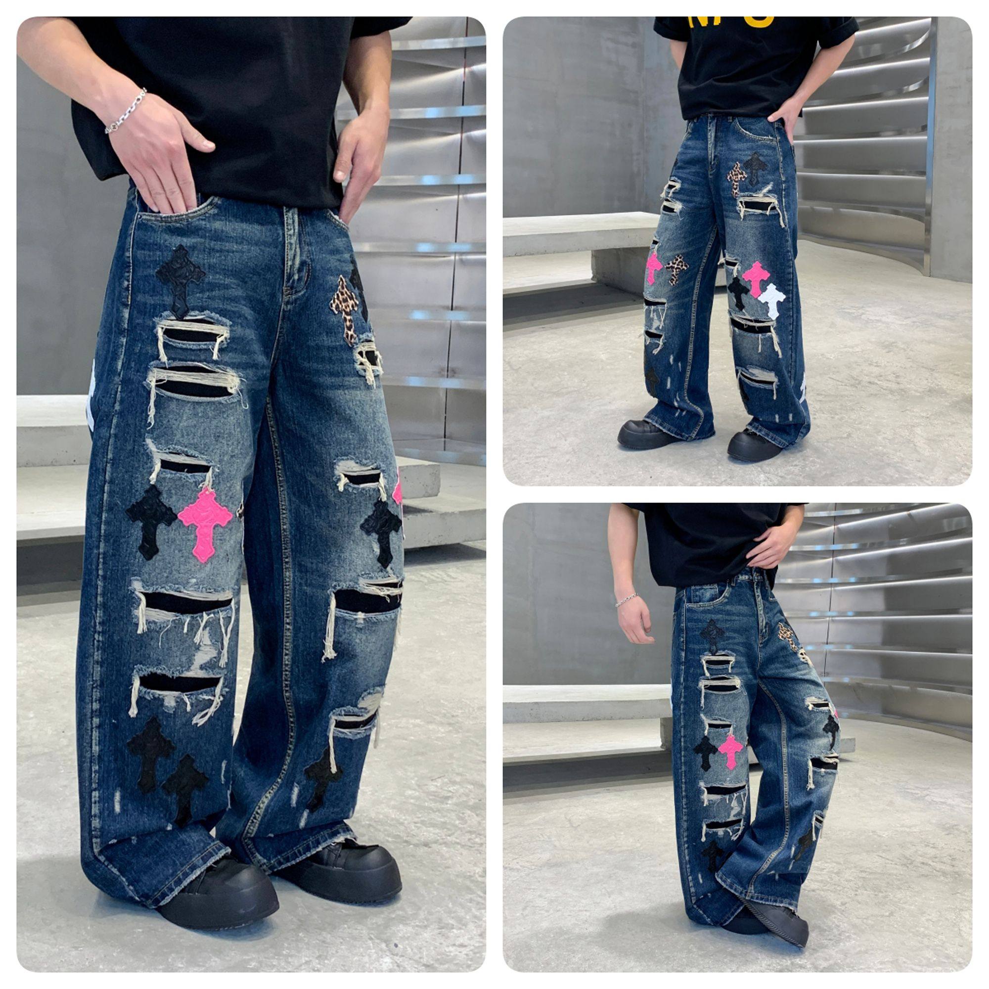 CH潮牌美式复古十字架破洞补丁阔腿牛仔裤男宽松直筒长裤街头风,男装,牛仔裤,淘宝优惠券,粉丝福利购,淘宝优惠卷