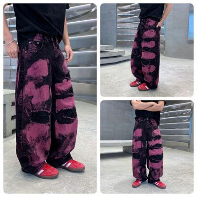 美式潮牌宽松假破洞涂鸦牛仔裤男
