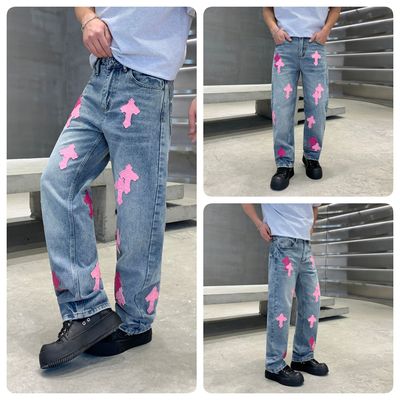 美式高街十字架贴皮直筒牛仔裤